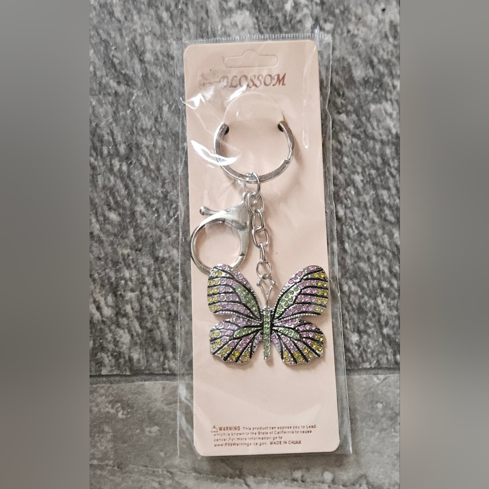 Multicolor Rhinestone Butterfly Keychain With Clasp In Silver BNIB - Picture 4 of 10
